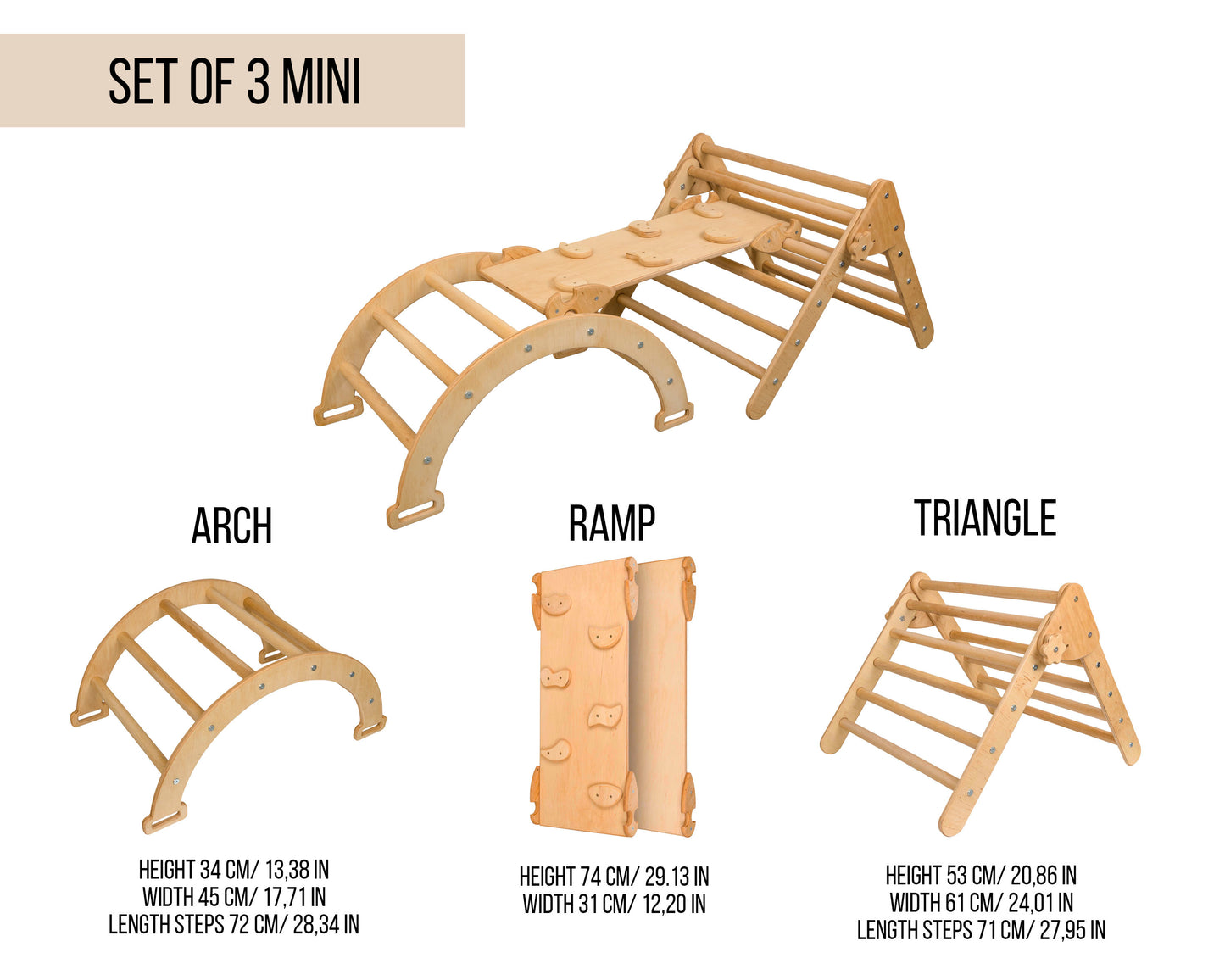 Set aus drei Pikler-Dreieck + Rampe + Bogen (Mini)